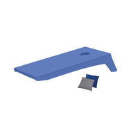 A Ledge Lounger Cornhole board features a circular top hole, with blue and gray bean bags beside it on a white background—perfect for a portable set.