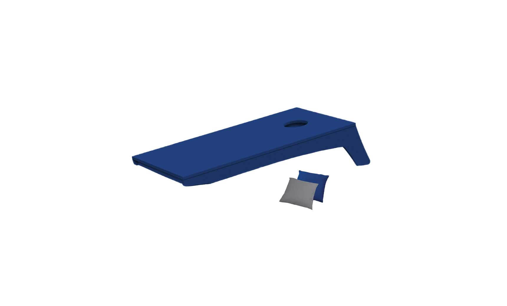 The Ledge Lounger Cornhole set features a sleek blue portable board with one hole on the raised end, paired with gray and blue bean bags. Positioned against a plain white background, its ready for an exciting Bean Bag Toss game.