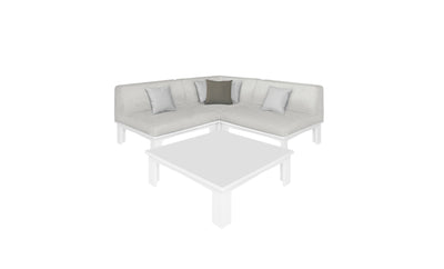 The Mainstay Sectional 4 Piece Diamond by Ledge Lounger is a light gray L-shaped sofa with one dark gray and two light gray cushions, creating a cozy corner around a matching square coffee table on a white background.