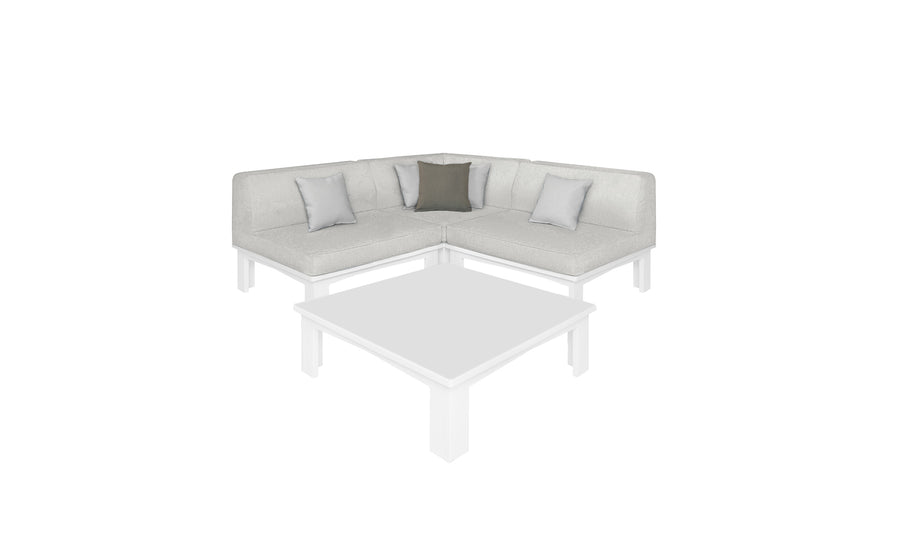 The Mainstay Sectional 4 Piece Diamond by Ledge Lounger is a light gray L-shaped sofa with one dark gray and two light gray cushions, creating a cozy corner around a matching square coffee table on a white background.