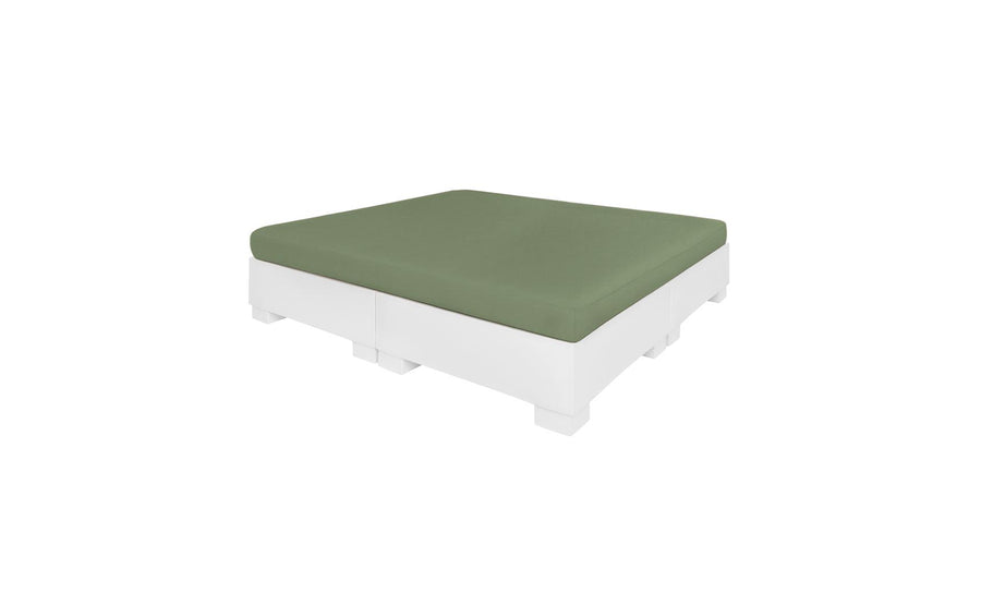 The Affinity Square Sunbed with Flat Cushion by Ledge Lounger is a minimalist coffee table with an olive-green top and white base, ideal for enhancing any outdoor space. Its sleek design pairs perfectly with the Affinity Sunbed and stands out against a plain white background.