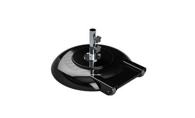 The Ledge Lounger Aluminum Umbrella Base, crafted from powder-coated aluminum, features a black semicircular design with a central pole, two adjustable knobs, and a rectangular platform with side rails. The metallic structure gleams against the white background for durable umbrella security.