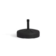 The Ledge Lounger Signature Fill-Up Base is a weather-resistant, black, round umbrella base with a vertical pole attachment and textured ridged surface for outdoor stability and style, shown against a plain white background.