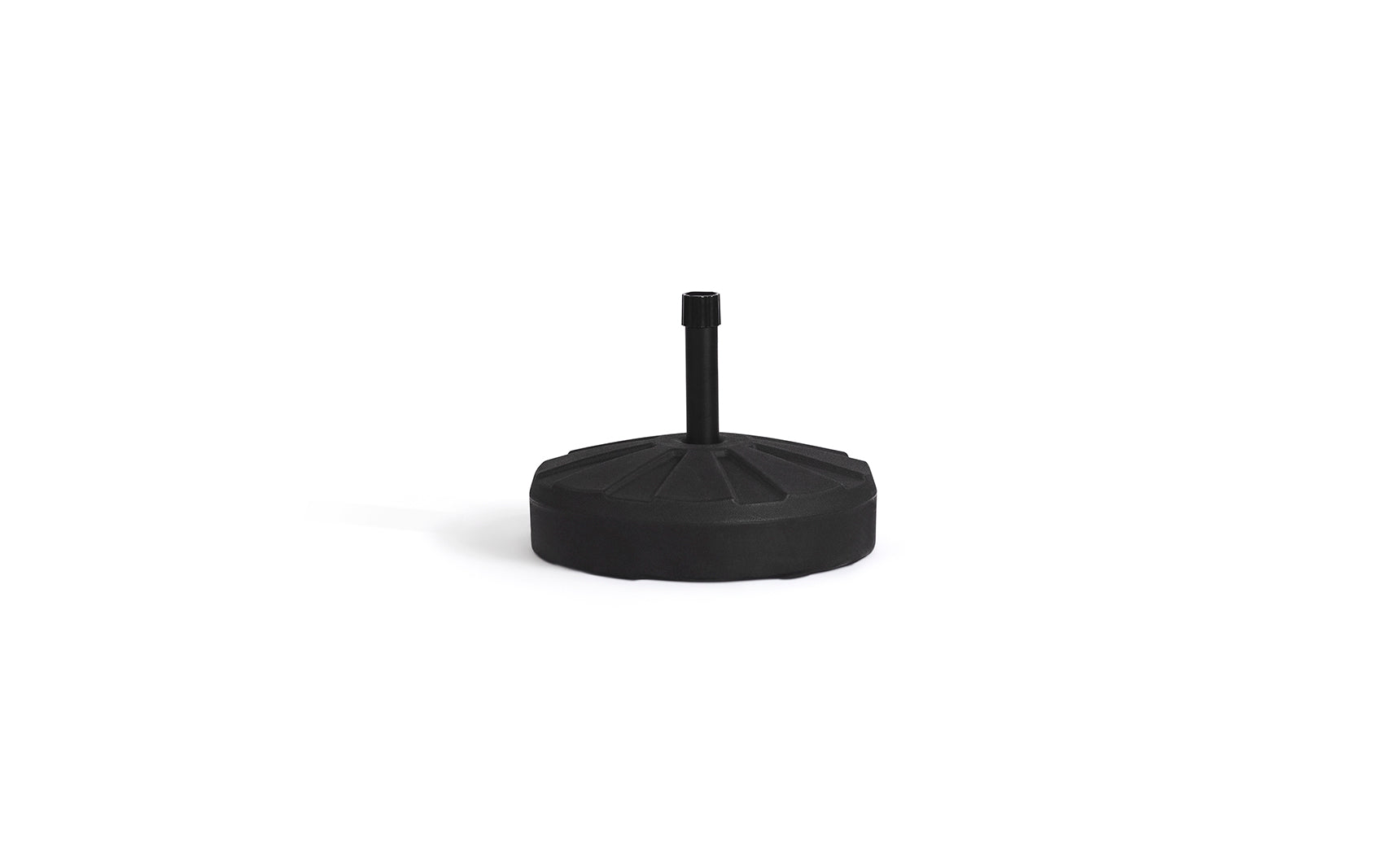 The Ledge Lounger Signature Fill-Up Base is a weather-resistant, black, round umbrella base with a vertical pole attachment and textured ridged surface for outdoor stability and style, shown against a plain white background.
