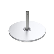 A round, flat, white Galvanized Steel Plate Stack Cantilever Base from Ledge Lounger sits on a metallic cylindrical stand resembling a modern satellite dish against a plain white background.
