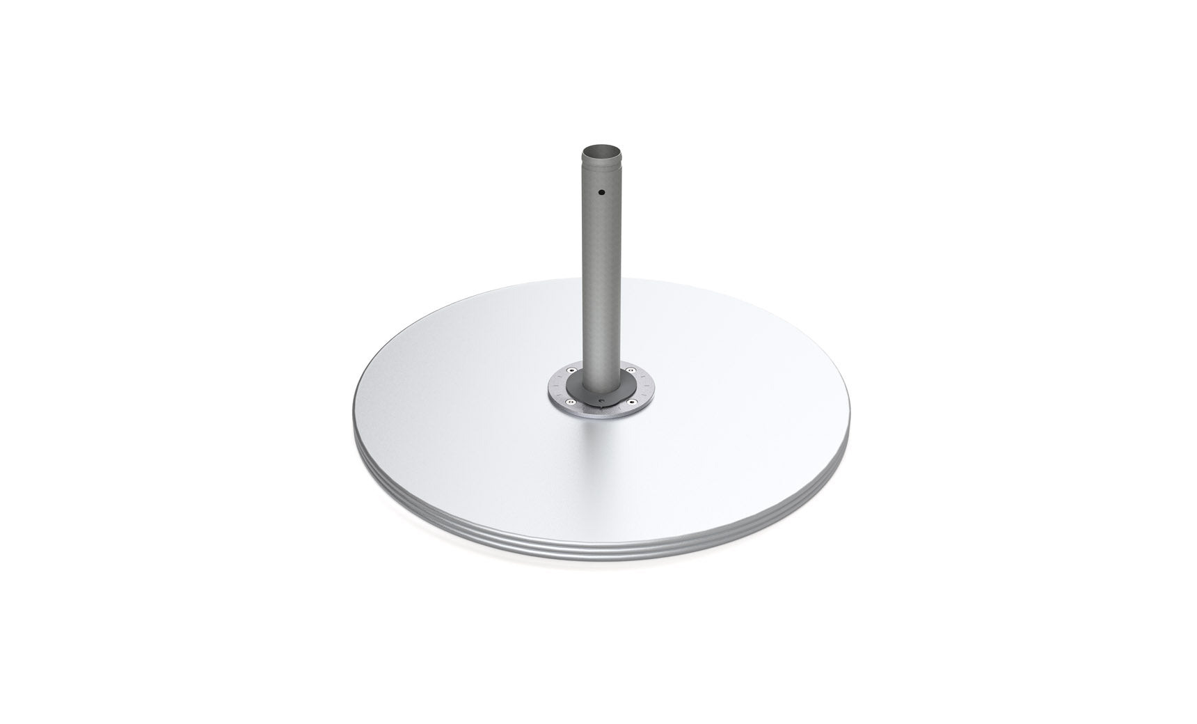 A round, flat, white Galvanized Steel Plate Stack Cantilever Base from Ledge Lounger sits on a metallic cylindrical stand resembling a modern satellite dish against a plain white background.
