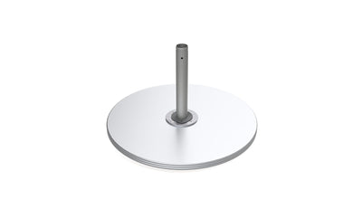 A round, flat, white Galvanized Steel Plate Stack Cantilever Base from Ledge Lounger sits on a metallic cylindrical stand resembling a modern satellite dish against a plain white background.