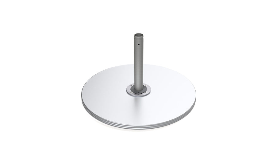 A round, flat, white Galvanized Steel Plate Stack Cantilever Base from Ledge Lounger sits on a metallic cylindrical stand resembling a modern satellite dish against a plain white background.