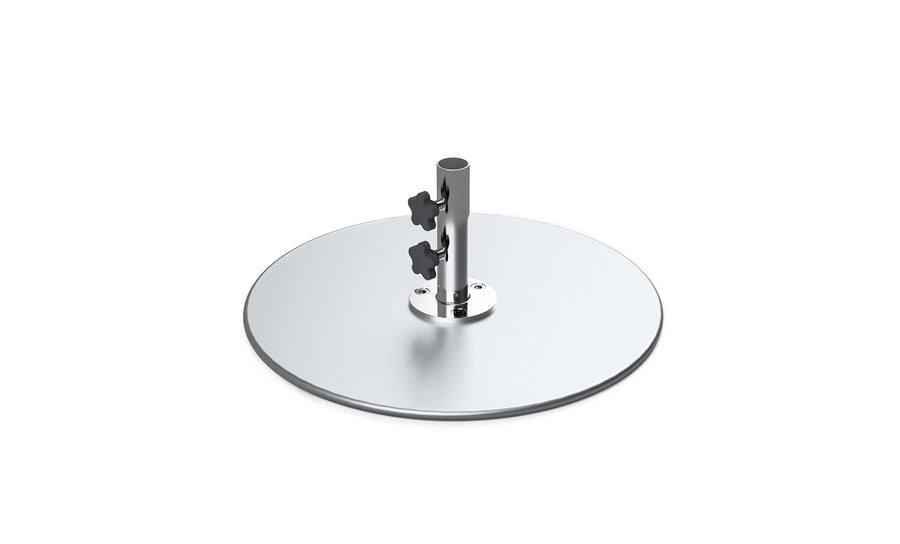 The Ledge Lounger Galvanized Steel Stack Umbrella Base features a central vertical cylindrical rod with two star-shaped knobs for easy adjustment. Crafted from galvanized steel, its compatible with center pole umbrellas and boasts a smooth, reflective surface for added elegance.