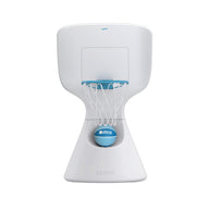 Introducing Ledge Loungers Hoopstr: a sleek, modern white and blue tabletop basketball hoop set. With minimalistic style and branding on the base and backboard, it brings a slice of backyard basketball right to your desk.