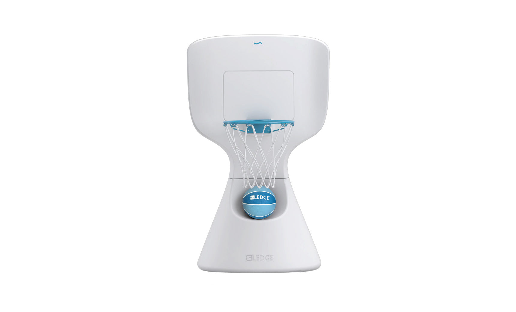 Introducing Ledge Loungers Hoopstr: a sleek, modern white and blue tabletop basketball hoop set. With minimalistic style and branding on the base and backboard, it brings a slice of backyard basketball right to your desk.