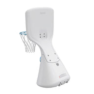 Introducing the Hoopstr by Ledge Lounger: a sleek, modern white basketball hoop with a blue net and angled backboard, perfect for backyard games or indoor use with its stable base.