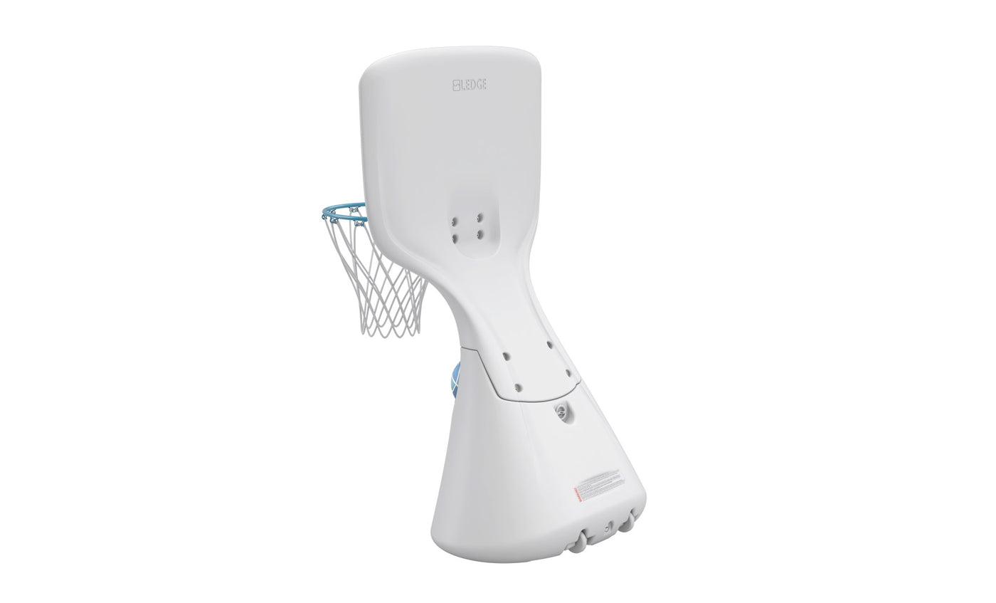 Introducing the Hoopstr by Ledge Lounger: a sleek, modern white basketball hoop with a blue net and angled backboard, perfect for backyard games or indoor use with its stable base.