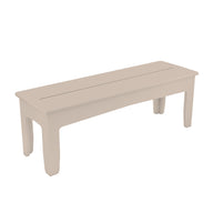 The Mainstay Dining Bench by Ledge Lounger is a simple, beige wooden bench with a flat seat and four legs, ideal for outdoor dining. Shown against a white backdrop, it boasts a minimalist design with subtle grooves on the seat reflecting Ledge Loungers elegant style.