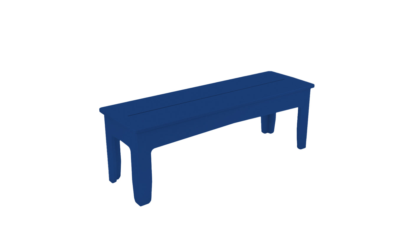 The Mainstay Dining Bench by Ledge Lounger is a simple blue wooden bench with a flat top and four straight legs, perfect for outdoor dining. It has a minimalistic design shown on a plain white background without embellishments.