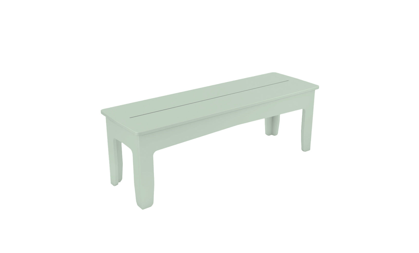 The Mainstay Dining Bench by Ledge Lounger is a light green wooden bench with a simple design, four legs, and a flat top featuring two long grooves. Its perfect for outdoor dining against a plain white background.