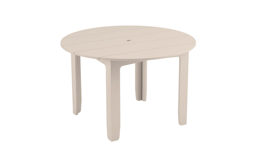 The Mainstay Round Dining Table by Ledge Lounger is a beige plastic table with a slatted design and umbrella sleeve. Its four-legged structure provides stability, and its modern look is perfect for outdoor patio dining.