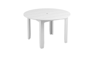 The Mainstay Round Dining Table by Ledge Lounger is a small, round table with four legs and a slatted top design, featuring a circular hole in the center for a built-in umbrella sleeve—ideal for outdoor dining.