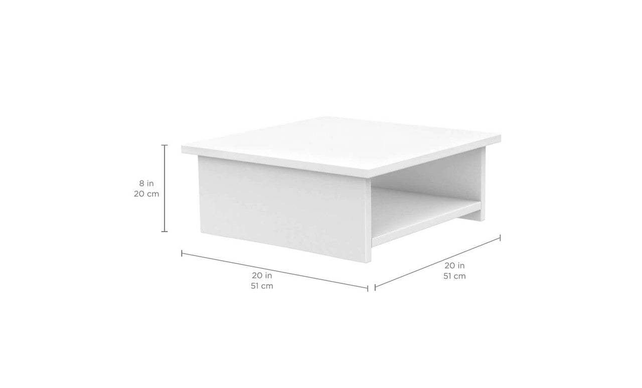 The Echo Side Table by Ledge Lounger is a white wooden riser, 8 inches tall and 20 inches long and wide, featuring a minimalistic design with a rectangular base and an open shelf perfect for patio essentials.
