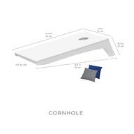 The Ledge Lounger Cornhole set includes a portable illustrated board (47.5 x 24 x 10.5) weighing 50 lbs, and comes with one gray and one blue bean bag, perfect for playing Bean Bag Toss anywhere.