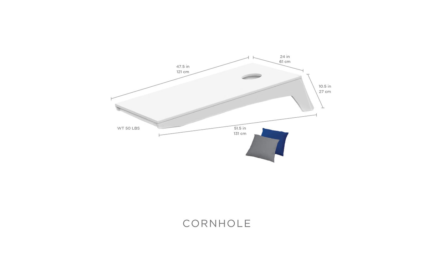 The Ledge Lounger Cornhole set includes a portable illustrated board (47.5 x 24 x 10.5) weighing 50 lbs, and comes with one gray and one blue bean bag, perfect for playing Bean Bag Toss anywhere.