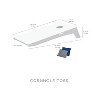 Illustration of a portable Ledge Lounger Cornhole board (47.75 L x 24 W x 9.25 H, 24.6 lbs) with gray and blue bean bags. Text reads Cornhole Toss, highlighting the ideal bean bag toss experience for any setting.