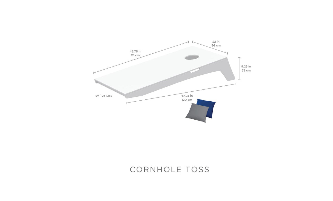Illustration of a portable Ledge Lounger Cornhole board (47.75 L x 24 W x 9.25 H, 24.6 lbs) with gray and blue bean bags. Text reads Cornhole Toss, highlighting the ideal bean bag toss experience for any setting.