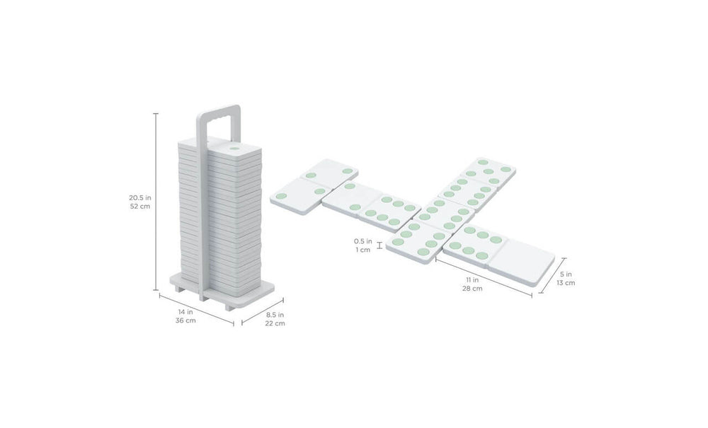 Image of a tall stack of rectangular tiles with a handle, next to a flat arrangement of similar tiles. Dimensions are given: stack is 20.5in tall, 14in wide, and 8.5in deep, while tiles are 0.5in thick, 5in wide, and 11in long.