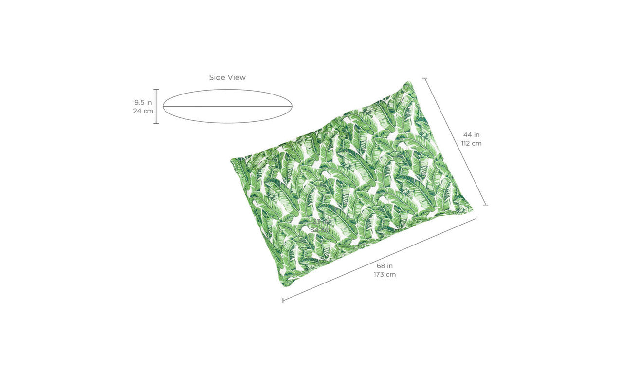 Experience ultimate outdoor comfort with the Laze Pillow by Ledge Lounger. This rectangular, green cushion features a tropical leaf pattern and measures 68x44x9.5 inches, making it ideal as a floating bean bag pool pillow or for patio lounging with its plush thickness.