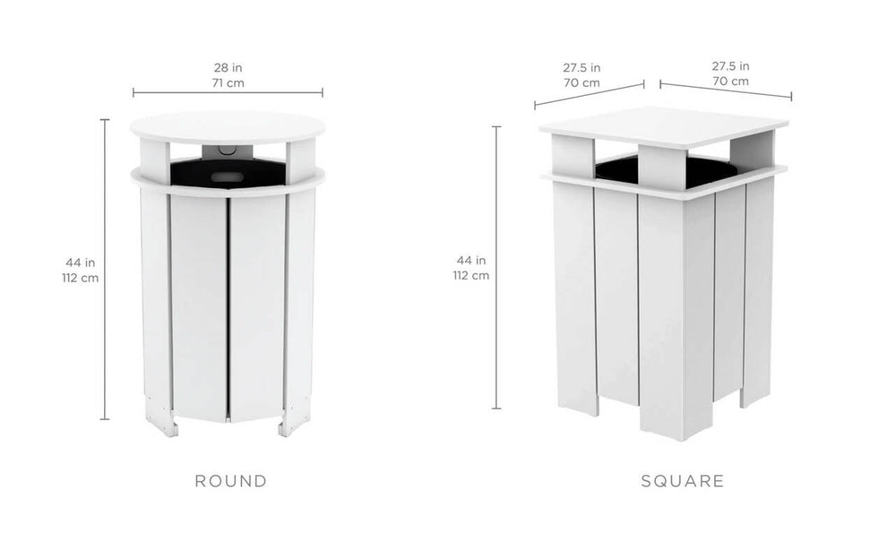 Two trash bins are shown. The left one is round, while the right one is square. Both are white and have the same height of 44 inches (112 cm). Their diameters are 28 inches (71 cm) for the round bin and 27.5 inches (70 cm) for the square bin.