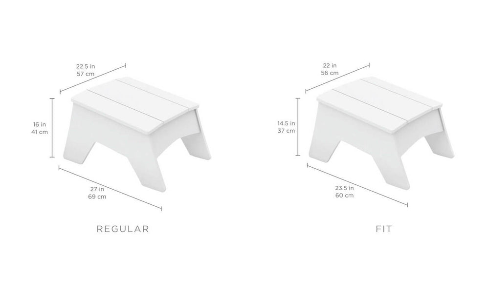 Two white stools with measurements. Left: Regular is 27 in (69 cm) wide, 16 in (41 cm) high, 22.5 in (57 cm) deep. Right: Fit is 23.5 in (60 cm) wide, 14.5 in (37 cm) high, 22 in (56 cm) deep.