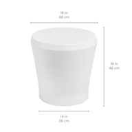 Introducing the Ledge Lounger Affinity Side Table, a white cylindrical stool with a smooth finish. Standing 18 inches tall and 14 inches in diameter, its slightly tapered design makes it an ideal outdoor accessory for poolside relaxation or versatile seating options.