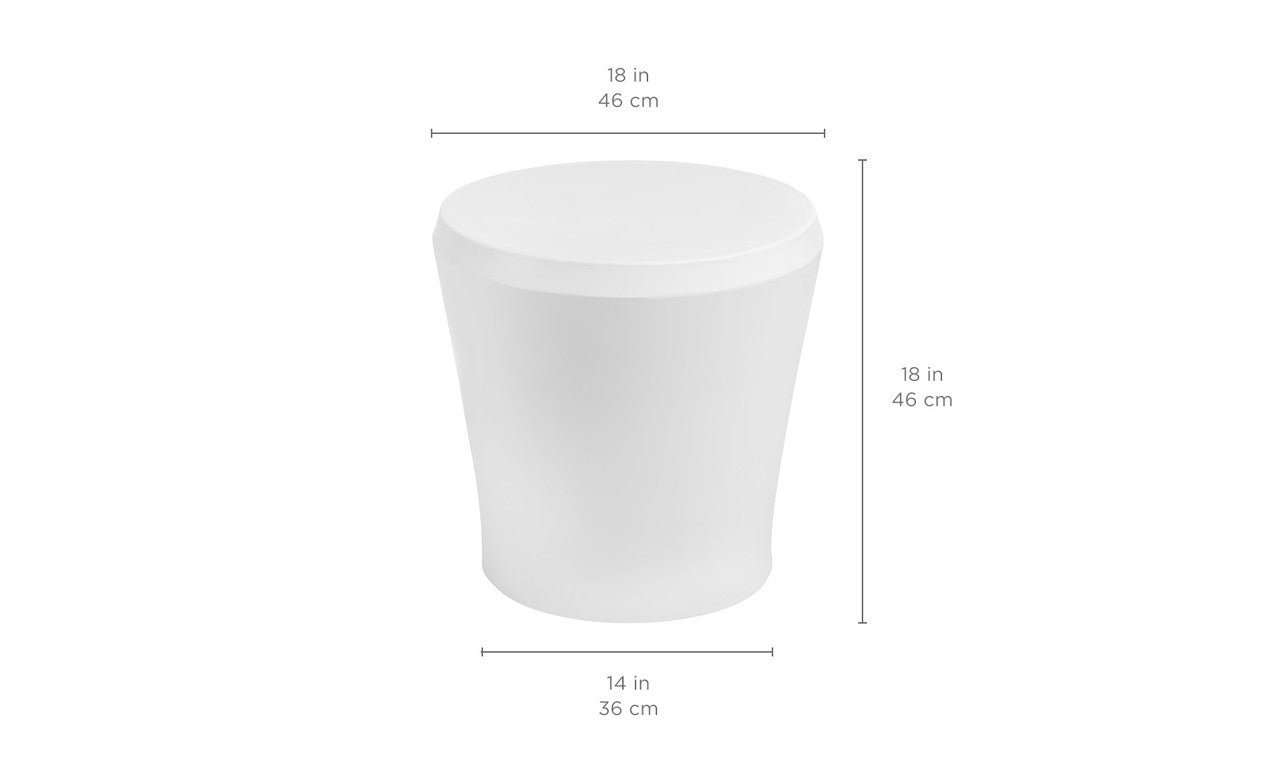 Introducing the Ledge Lounger Affinity Side Table, a white cylindrical stool with a smooth finish. Standing 18 inches tall and 14 inches in diameter, its slightly tapered design makes it an ideal outdoor accessory for poolside relaxation or versatile seating options.