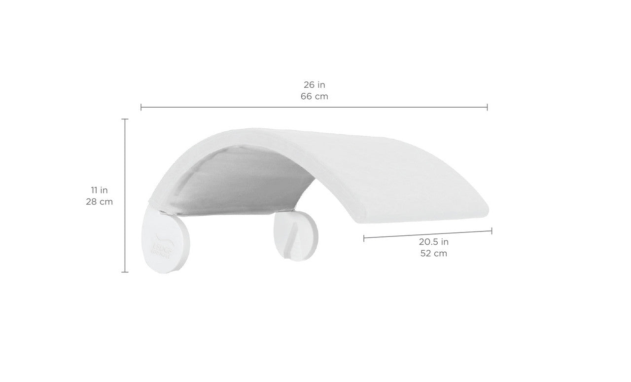 The Ledge Lounger Signature Chair Shade is a white, curved retractable sunshade ideal for your vehicle or tanning ledge. Measuring 26 x 20.5 x 11, it provides optimal sun protection.