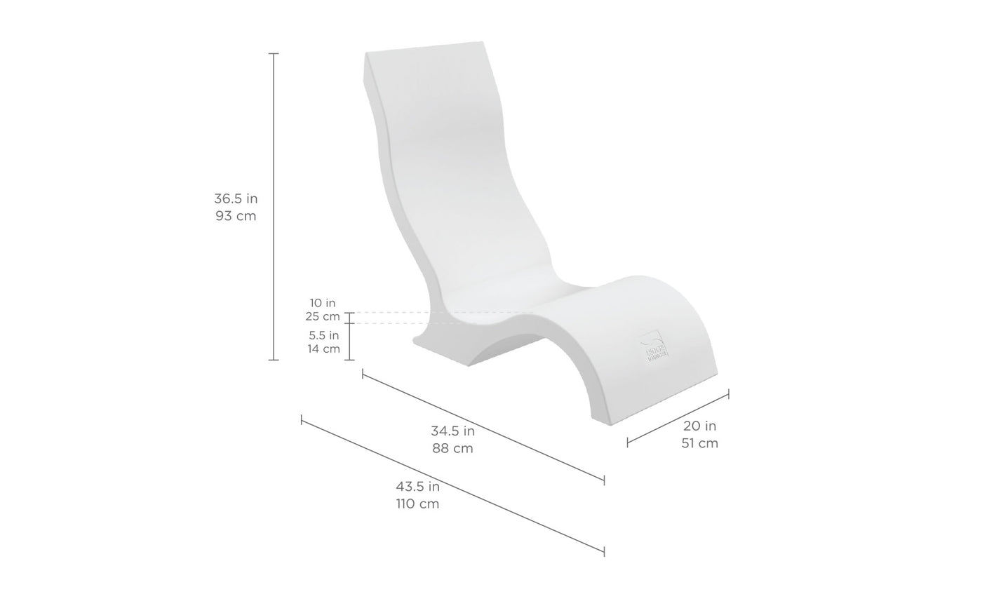 The Signature Chair by Ledge Lounger is a sleek, modern white lounge chair with a curved design and durable build. Perfect for poolside seating, it measures 36.5 high, 43.5 long, and 20 wide with a seat height of 10, making it a minimalist piece that complements contemporary interiors effortlessly.