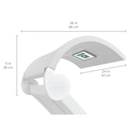 The Signature Chaise Shade by Ledge Lounger is a sleek white lounge chair measuring 26 inches tall, 11 inches high, and 24 inches deep. It features a built-in rectangular compartment on the backrest, ideal for essentials. Its refined design and functionality make it perfect for relaxation.