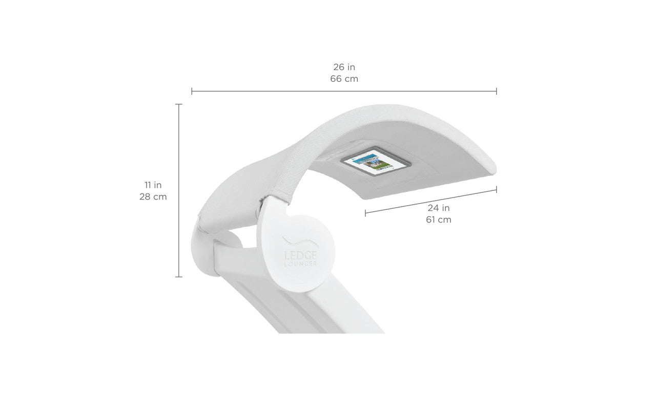 The Signature Chaise Shade by Ledge Lounger is a sleek white lounge chair measuring 26 inches tall, 11 inches high, and 24 inches deep. It features a built-in rectangular compartment on the backrest, ideal for essentials. Its refined design and functionality make it perfect for relaxation.