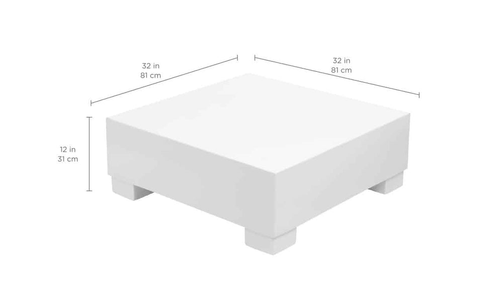 A white, square pedestal with dimensions displayed. It measures 32 inches (81 cm) in length and width, and 12 inches (31 cm) in height. The pedestal has a simple, minimalistic design with four short legs.
