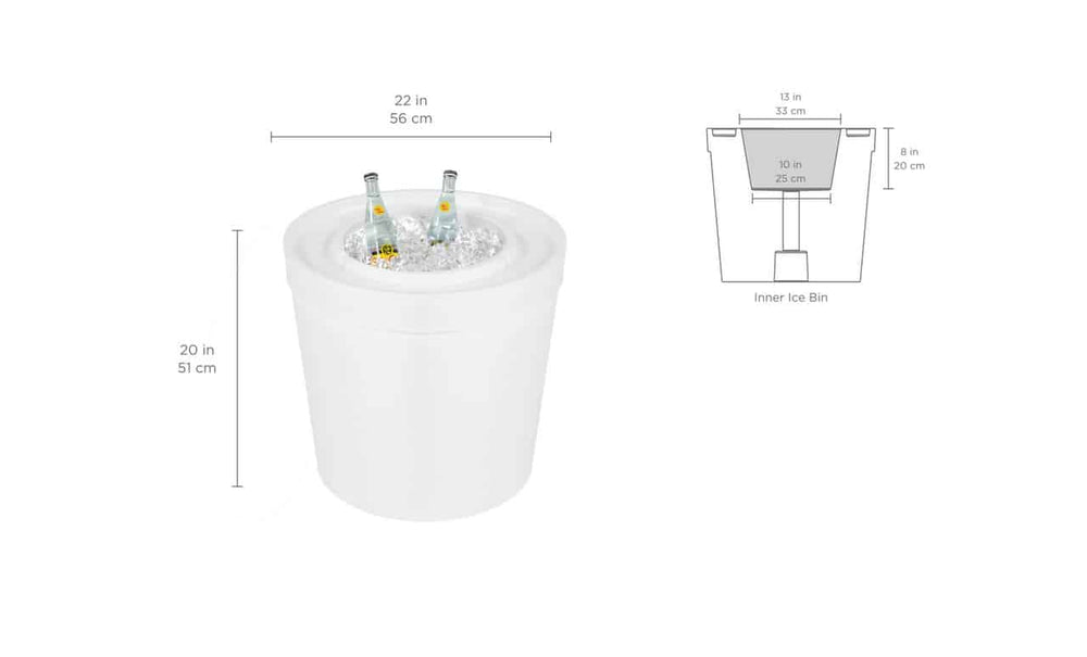 White ice bucket with bottles inside, dimensions labeled: 22 inches (56 cm) wide, 20 inches (51 cm) tall. Diagram shows an inner ice bin: 13 inches (33 cm) top diameter, 10 inches (25 cm) bottom, and 8 inches (20 cm) tall.