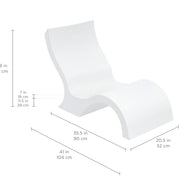 Introducing Ledge Loungers Signature Lowback Chair: a chic, white, S-shaped design with curved contours, perfect for poolside seating. Dimensions are 28 in/71 cm high, 35.5 in/90 cm long, 20.5 in/52 cm wide, with a seat height of 7 in/18 cm and depth of 11.5 in/29 cm—ideal for your space.