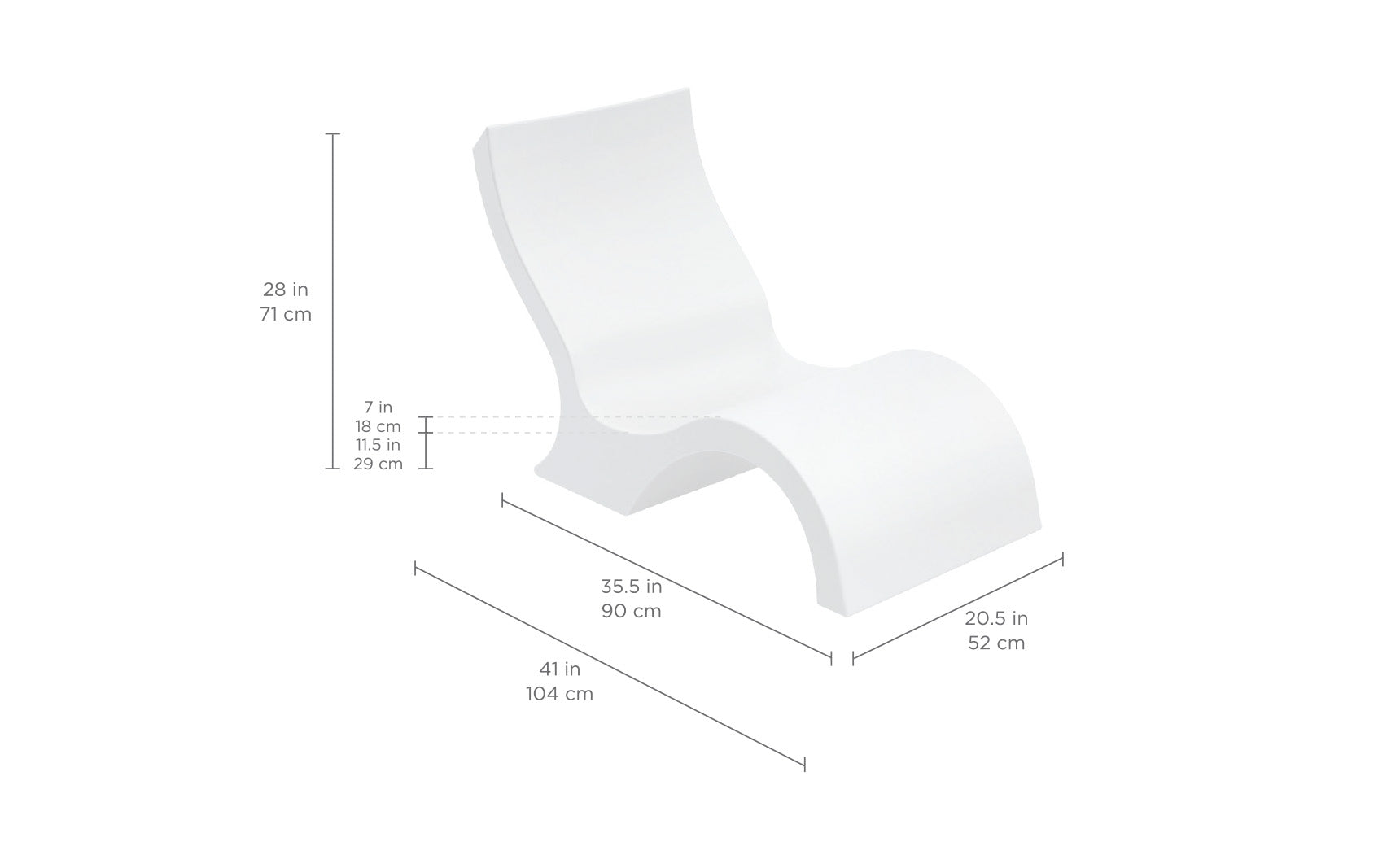 Introducing Ledge Loungers Signature Lowback Chair: a chic, white, S-shaped design with curved contours, perfect for poolside seating. Dimensions are 28 in/71 cm high, 35.5 in/90 cm long, 20.5 in/52 cm wide, with a seat height of 7 in/18 cm and depth of 11.5 in/29 cm—ideal for your space.