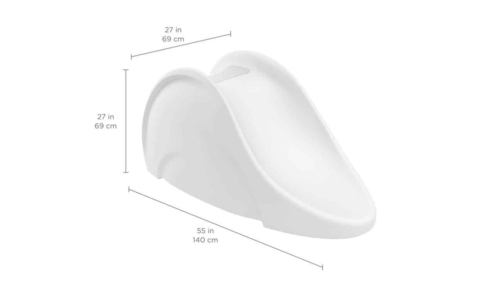 A white slide with dimensions shown. It is 55 inches (140 cm) long and 27 inches (69 cm) high. The slide has a curved design and is positioned at an angle.
