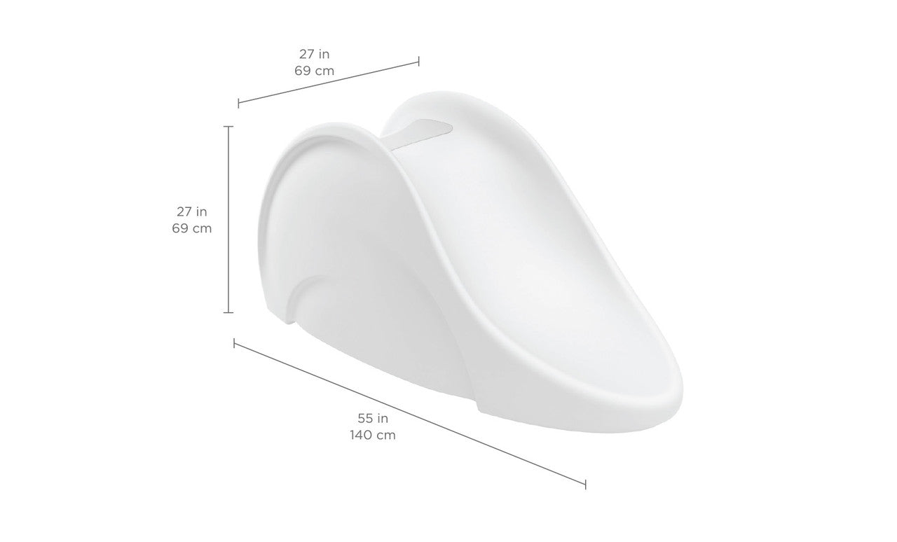 Experience the thrill of the Ledge Lounger Signature Slide, a spacious white pool slide with a smoothly curved design, measuring 55 inches in length and 27 inches in height—ideal for splash landings on your tanning ledge. Dimensions are elegantly showcased beside it.