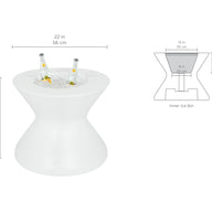The Signature Tall Ice Bin Side Table by Ledge Lounger features a sleek, white, hourglass design with an integrated ice bin that holds two bottles. It measures 22 wide and 18.5 tall, with a 13 wide and 8 deep inner bin. It includes a technical drawing and is compatible with Ledge Lounger Umbrellas.