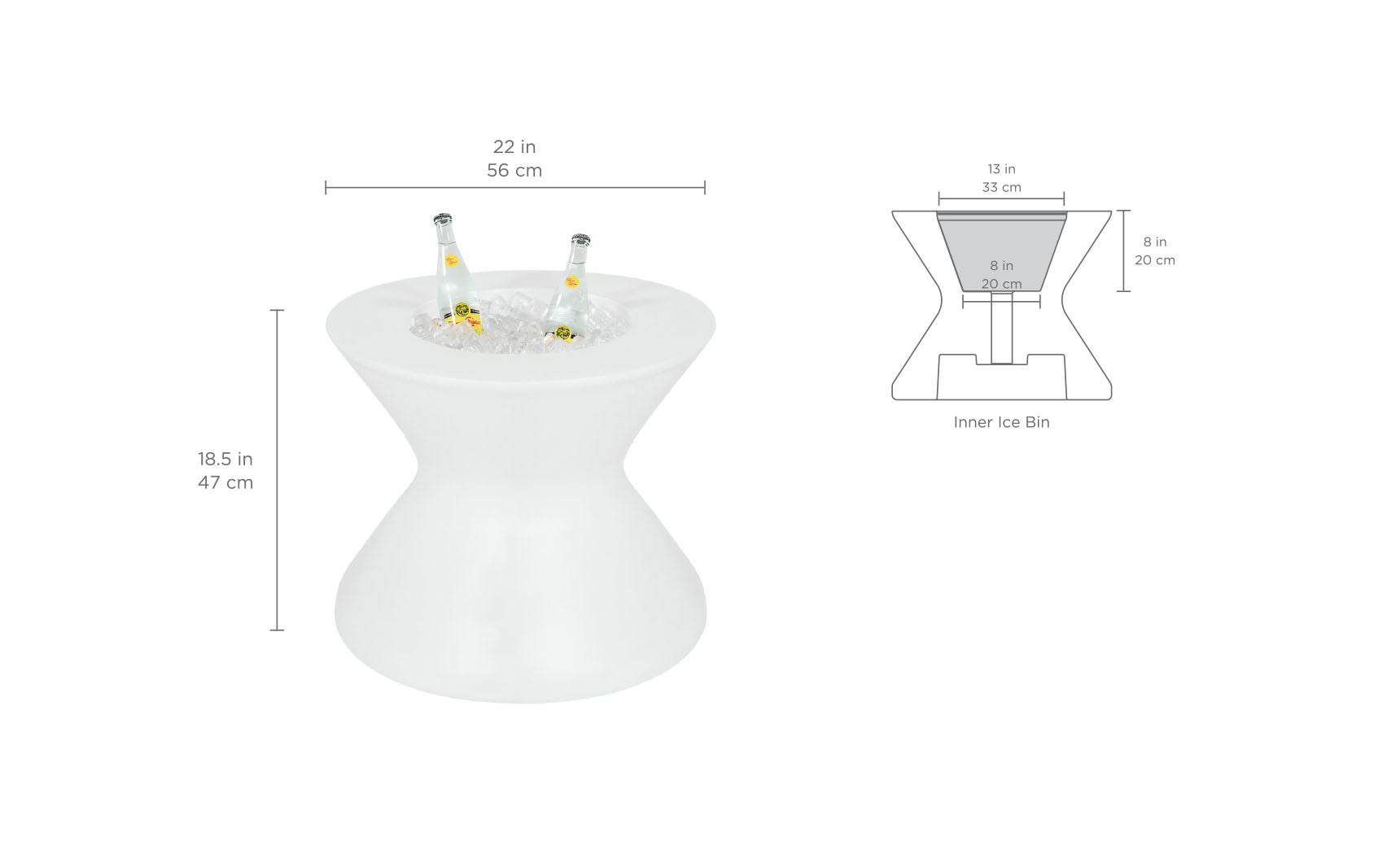 The Signature Tall Ice Bin Side Table by Ledge Lounger features a sleek, white, hourglass design with an integrated ice bin that holds two bottles. It measures 22 wide and 18.5 tall, with a 13 wide and 8 deep inner bin. It includes a technical drawing and is compatible with Ledge Lounger Umbrellas.