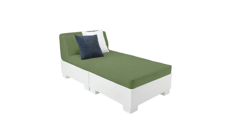 The Affinity 2 Piece Sun Chair by Ledge Lounger features a modern twin-size design with a white base and olive-green mattress, paired with dark blue and white cushions. Made from UV20-rated resin, its perfect for minimal settings against a clean white background.