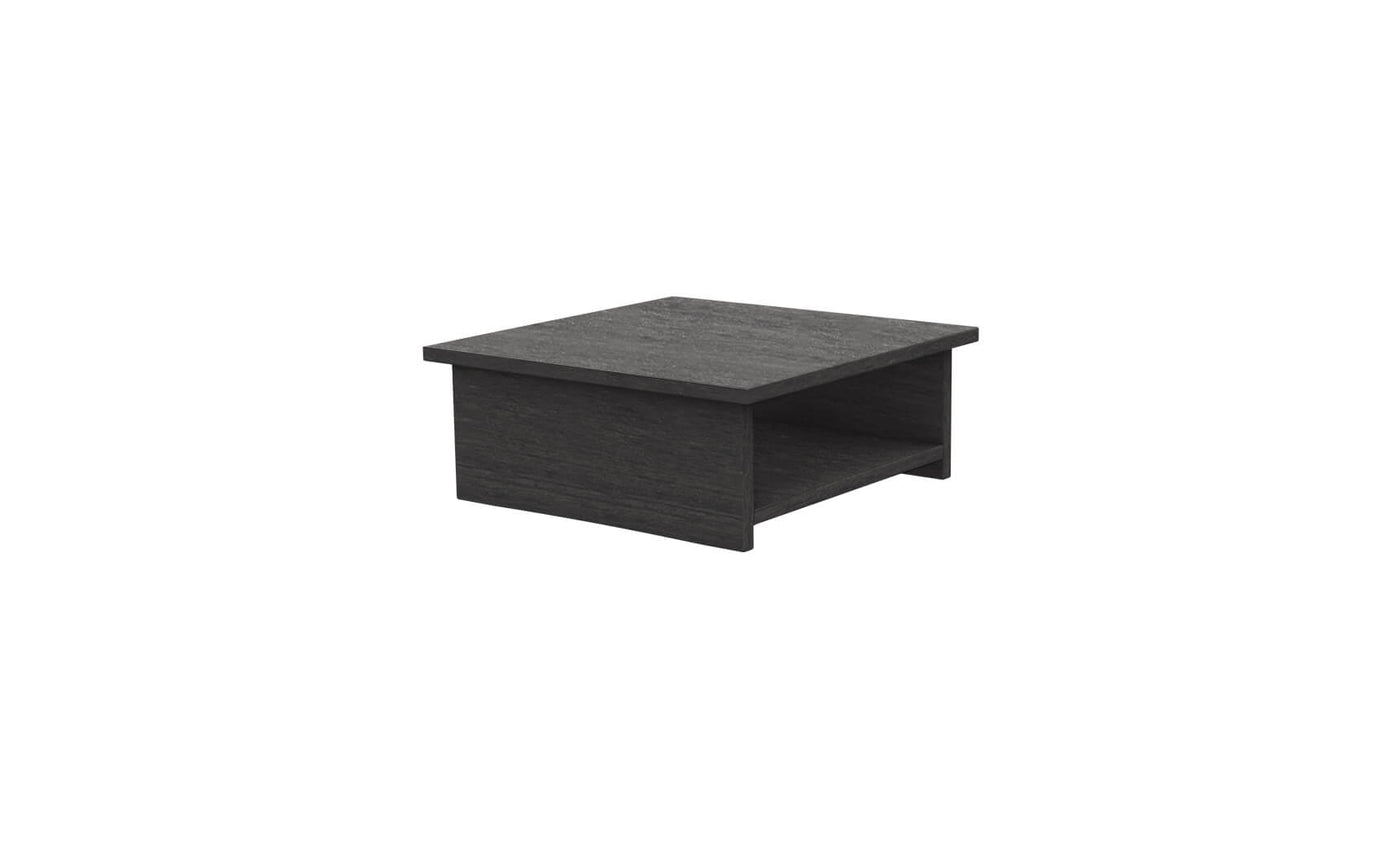 The Echo Side Table by Ledge Lounger is a dark gray, square wooden table featuring a solid top and an open shelf underneath for storage. It boasts a simple, minimalist design and is set against a plain white background.