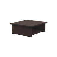 The Echo Side Table by Ledge Lounger showcases a dark brown, square silhouette with a smooth surface and subtle grain texture. Its minimalist design features a rectangular shelf beneath the tabletop, blending simplicity and functionality for patio essentials.