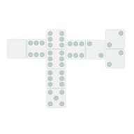 A cross-shaped array of giant dominoes on a white background features different numbers of green dots, with the center tile having six dots. This high-quality Ledge Lounger product is ideal for stylish lawn game enthusiasts.