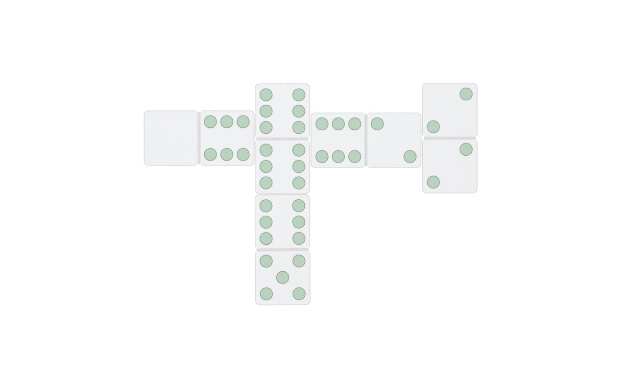 A cross-shaped array of giant dominoes on a white background features different numbers of green dots, with the center tile having six dots. This high-quality Ledge Lounger product is ideal for stylish lawn game enthusiasts.